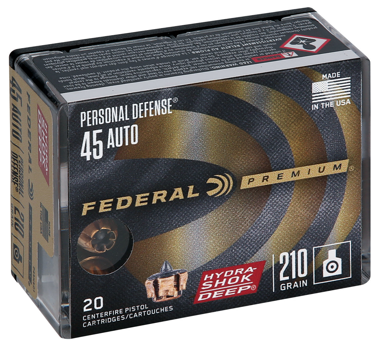 Federal .45 ACP/Auto Premium Personal Defense Hydra-Shok Deep Hollow Point 210 Grain 20/Box