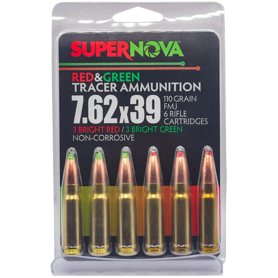 Supernova Tracer Rifle Ammunition 7.62x39 110 gr. FMJ Green & Red Tracer 6 rd.