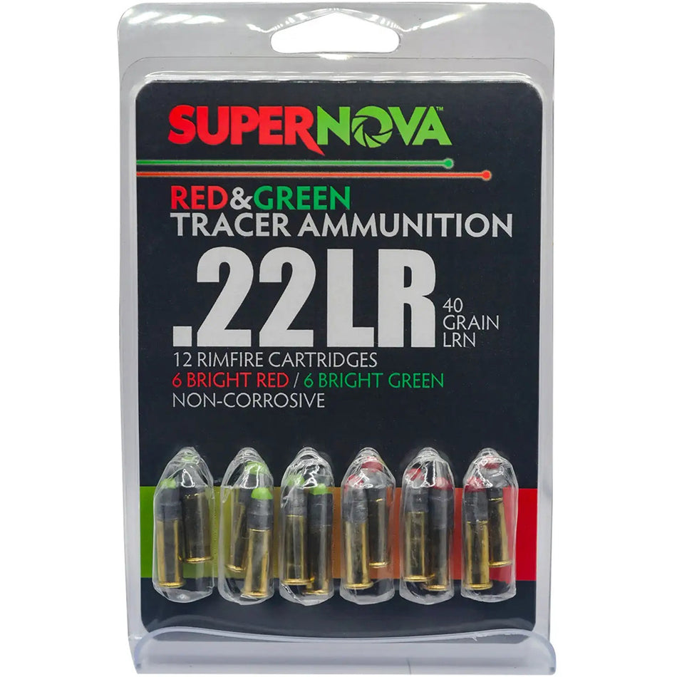 Supernova Tracer Rimfire Ammunition 22 LR 40gr. LRN Green & Red Tracer 12 rd.
