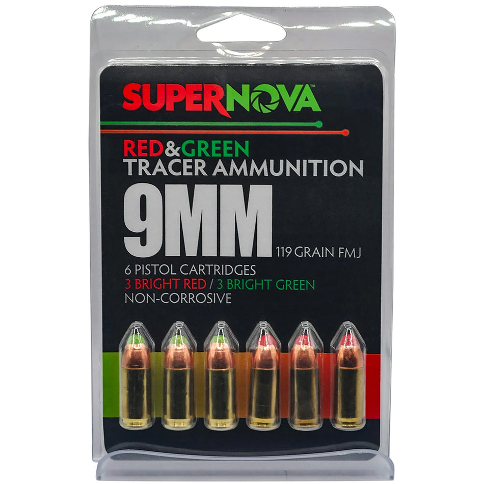 Supernova Tracer Pistol Ammunition 9mm 119 gr. FMJ Green & Red Tracer 6 rd.