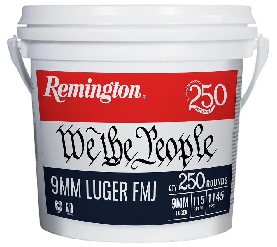 REMINGTON 9MM LUGER 115GR FMJ 250 RND WE THE PEOPLE BUCKET 250TH 250RD/BX 4BX/CS