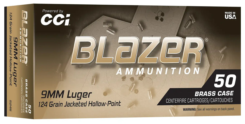 CCI 9MM LUGER 124GR BLAZER BRASS JHP 50RD/BX 10BX/CS