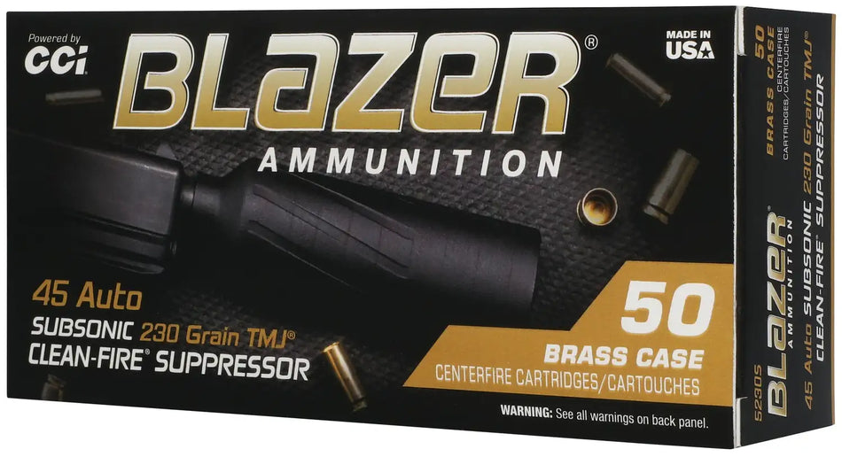 CCI 45 AUTO 230GR TMJ BLAZER BRASS CLEAN-FIRE SUPPRESSOR 50RD/BX 10BX/CS
