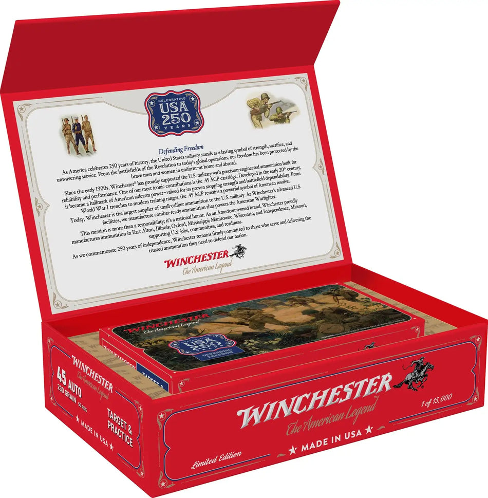 WINCHESTER USA 45ACP 230GR FMJ 250TH ANNIVERSARY 50RD/BX 6BX/CS