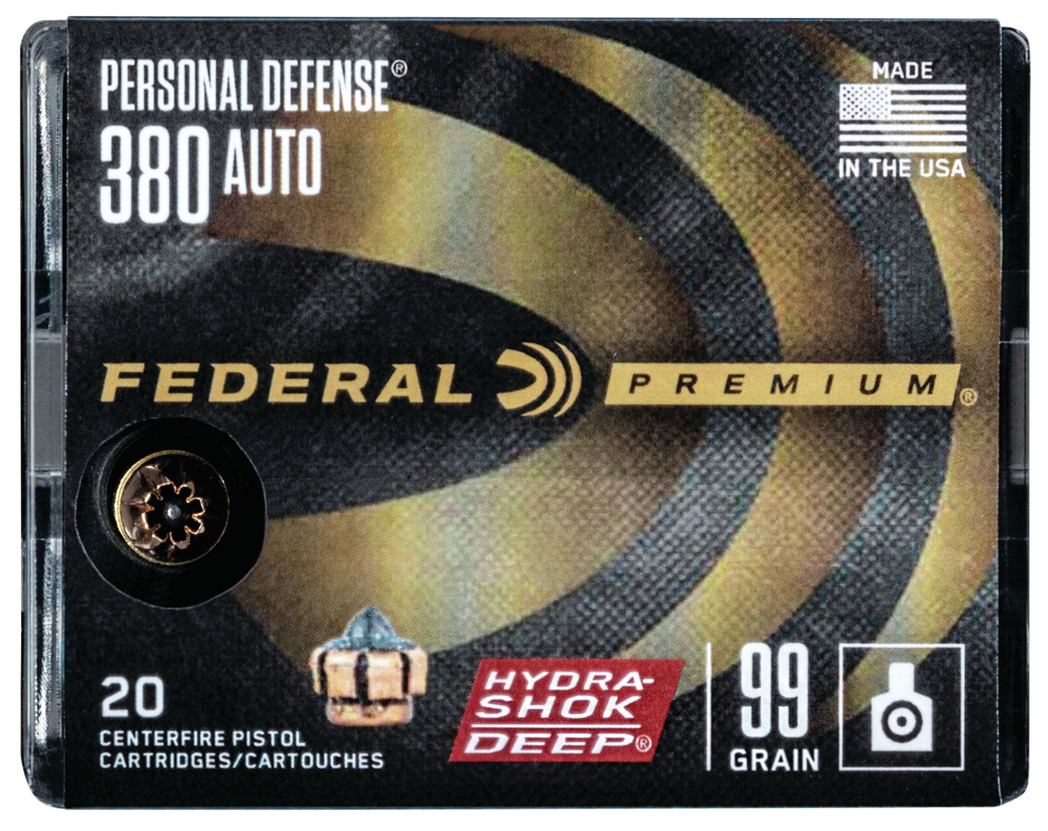 Federal .380 ACP/Auto Premium Personal Defense Hydra-Shok Deep Hollow Point 99 Grain 20/Box