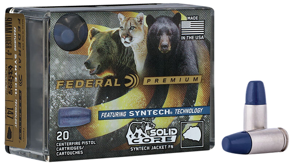 Federal 9mm Luger / Parabellum Premium Syntech Solid Core +P Syntech Jacketed Flat Nose 147 Grain 20/Box