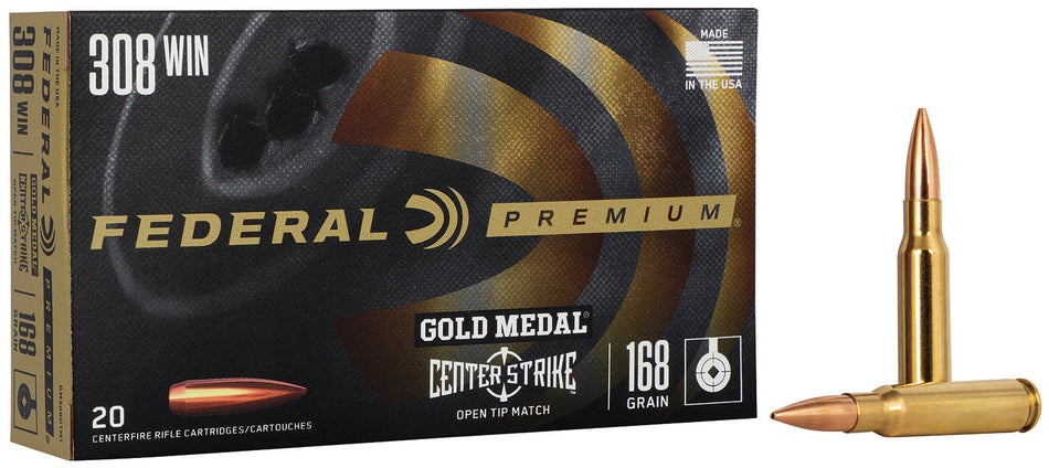 Federal .308 Win / 7.62x51mm Premium Gold Medal Centerstrike Open Tip Match 168 Grain 20/Box