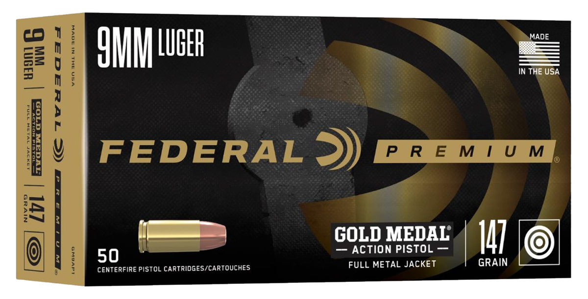 Federal 9mm Luger / Parabellum Premium Gold Medal Action Pistol Full Metal Jacket 147 Grain 50/Box