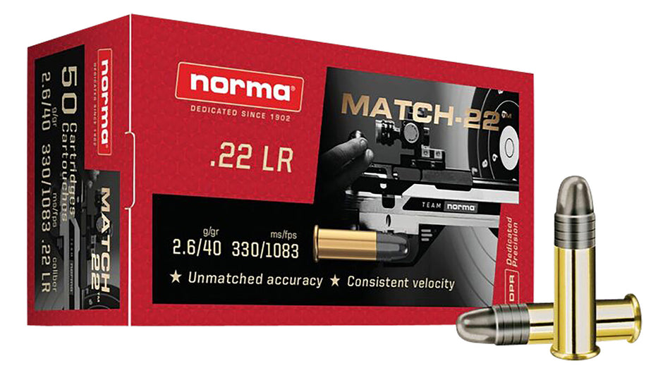 Norma .22 Long Rifle Dedicated Precision Match Lead Round Nose 40 Grain 50/Box
