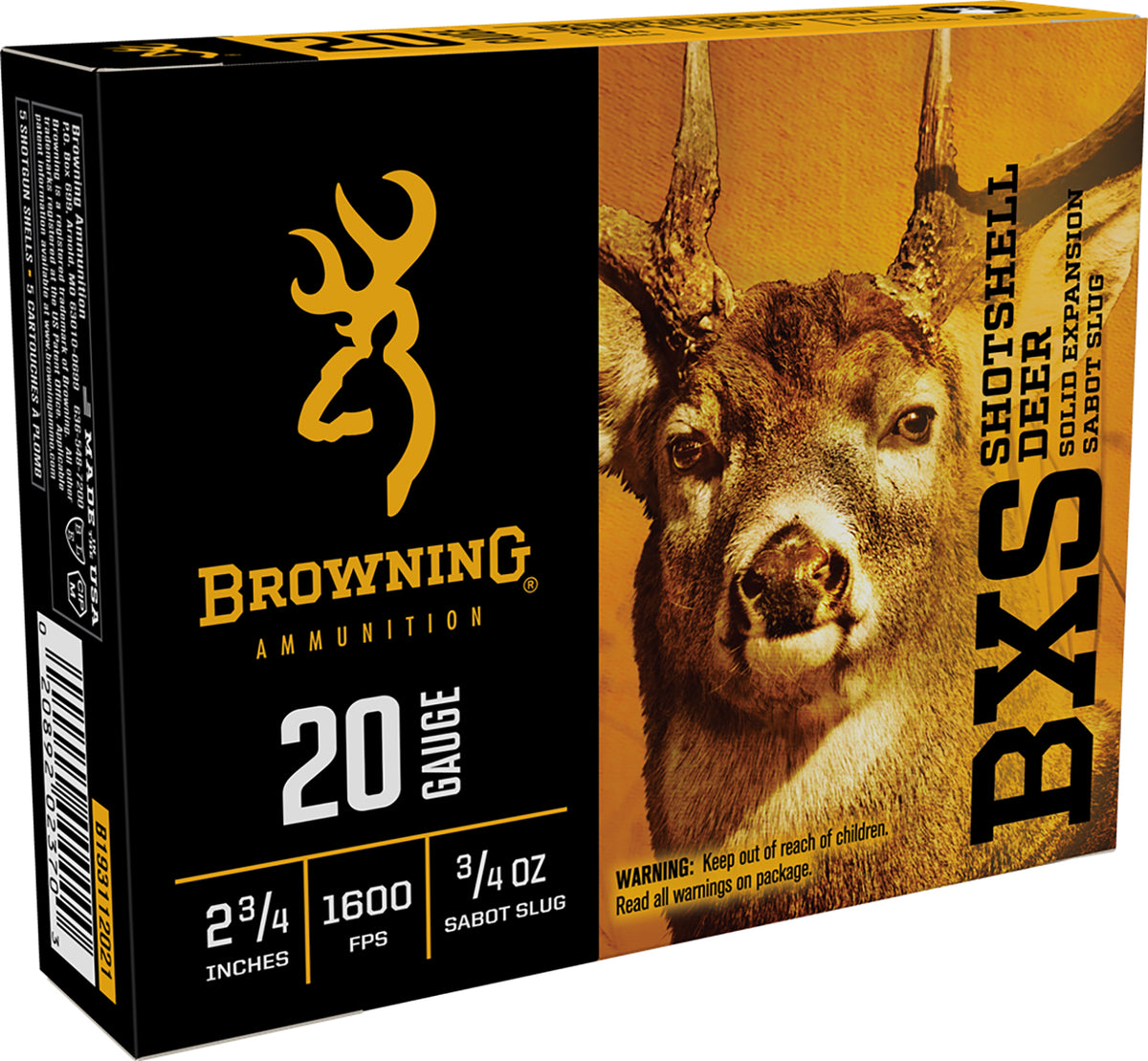 Browning 20 Gauge BXS Solid Expansion Big Game & Deer Sabot Slug Slug 3/4 oz 2.75 in 5/Box