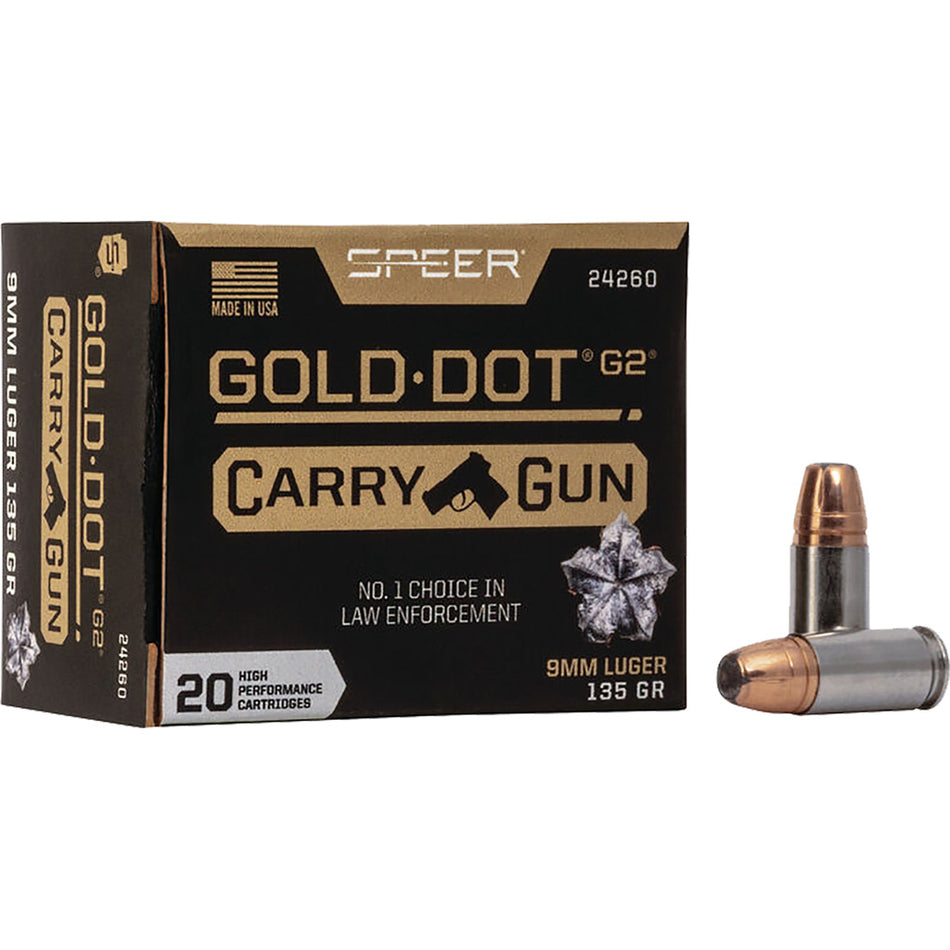 Speer 9mm Luger / Parabellum Gold Dot Carry Gun Jacketed Hollow Point 135 Grain 20/Box