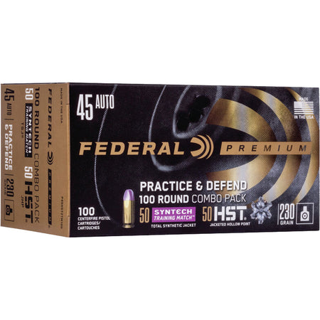 Federal .45 ACP/Auto Premium Defense Syntech Practice & Defend HST JHP/Syntech TSJ 230 Grain 100/Box
