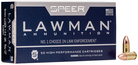 Speer 9mm Luger / Parabellum Lawman Training Clean-Fire Total Metal Jacket Round Nose 124 Grain 50/Box