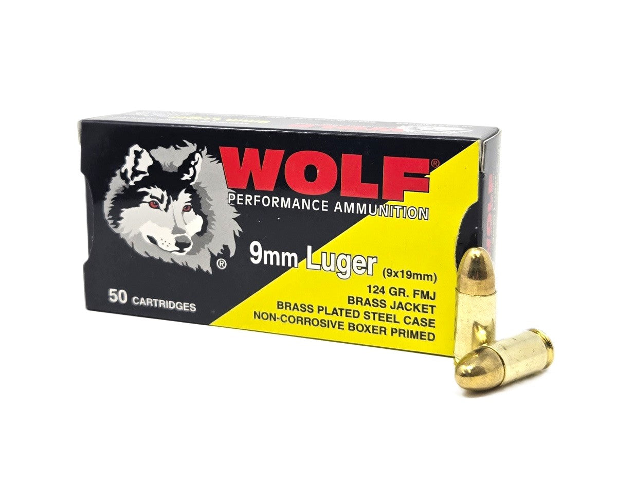 Wolf Performance 9mm Luger 124 Grain Brass Plated FMJ 50 Per Box – 1000/Case