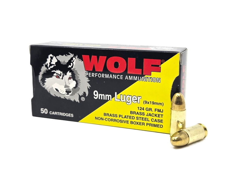 Wolf Performance 9mm Luger 124 Grain Brass Plated FMJ 50 Per Box – 1000/Case