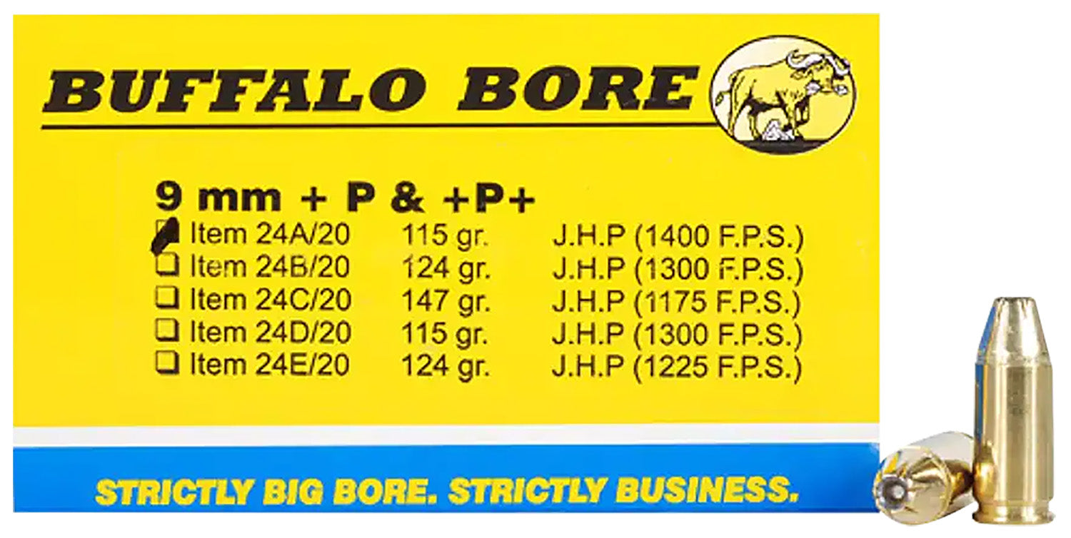 Buffalo Bore 9mm Luger / Parabellum Personal Defense +P+ Jacketed Hollow Point 115 Grain 20/Box