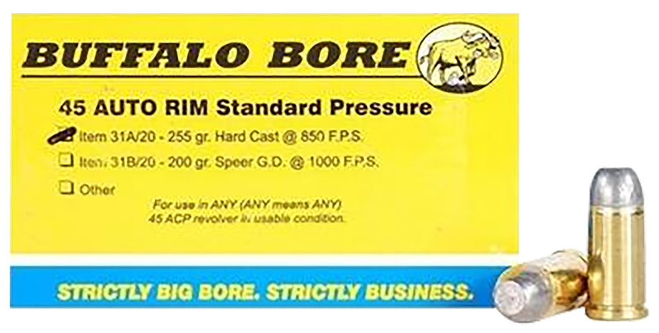 Buffalo Bore .45 Auto Rim Standard Pressure Hard Cast Flat Nose 255 Grain 20/Box