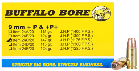 Buffalo Bore 9mm Luger / Parabellum Personal Defense +P+ Jacketed Hollow Point 147 Grain 20/Box