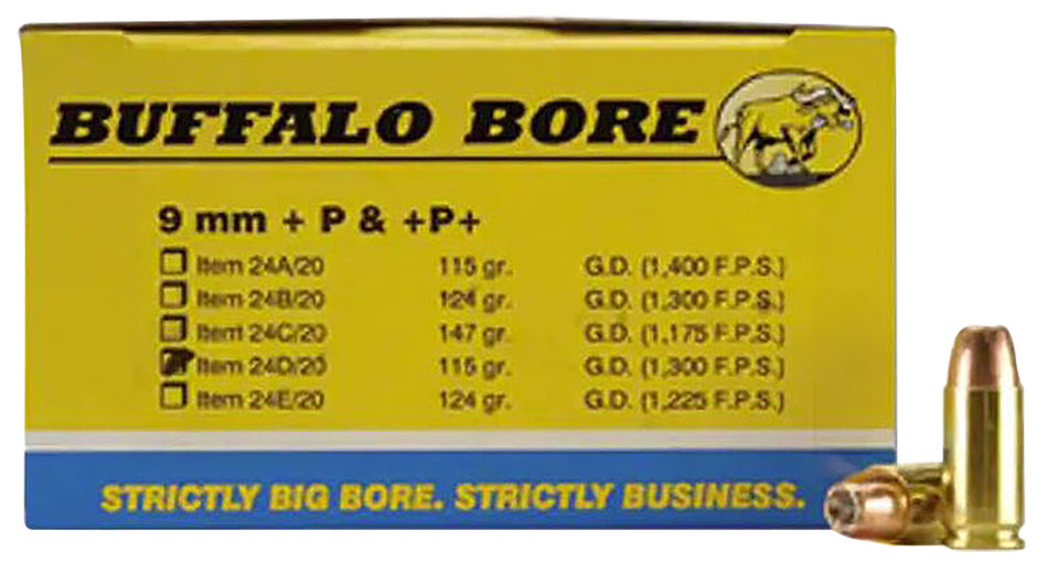 Buffalo Bore 9mm Luger / Parabellum Personal Defense +P Jacketed Hollow Point 115 Grain 20/Box