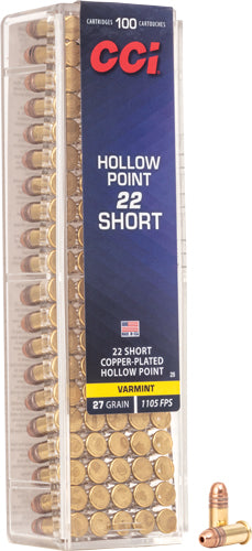 CCI .22 Short High Velocity VNT Copper Plated Hollow Point 27 Grain 100/Box