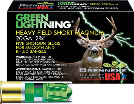 Brenneke 20 Gauge Green Lightning Heavy Field Short Magnum Slug 1 oz 2.75 in 5/Box [Item 6299]
