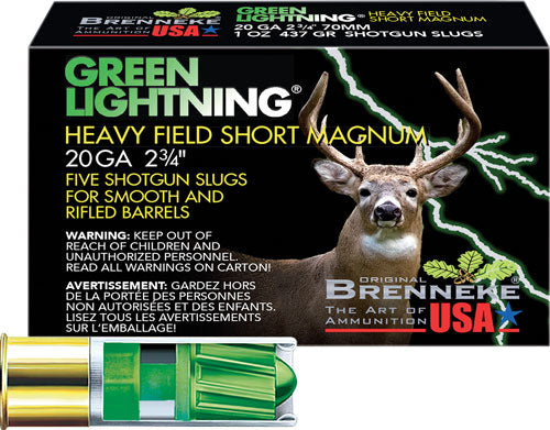Brenneke 20 Gauge Green Lightning Heavy Field Short Magnum Slug 1 oz 2.75 in 5/Box [Item 6299]
