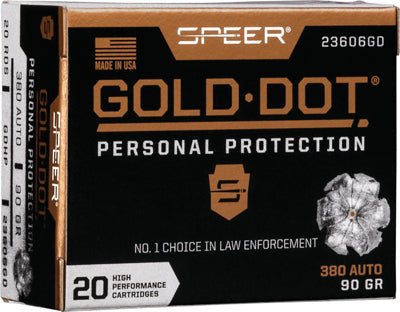 Speer .380 ACP/Auto Gold Dot Personal Protection Hollow Point 90 Grain 20/Box