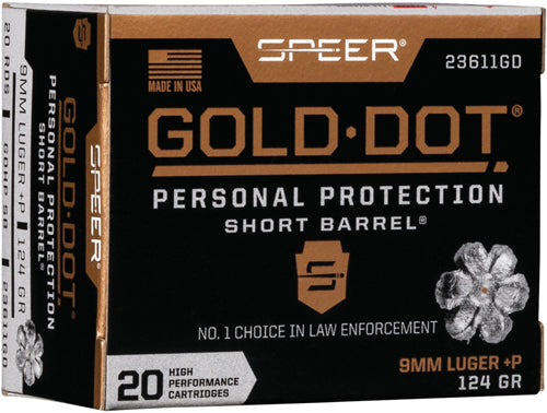 Speer 9mm Luger / Parabellum Gold Dot +P Personal Protection Short Barrel Jacketed Hollow Point 124 Grain 20/Box