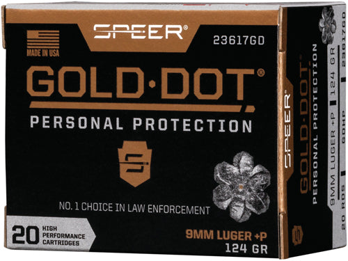 Speer 9mm Luger / Parabellum Gold Dot +P Personal Protection Jacketed Hollow Point 124 Grain 20/Box [Item 3450]