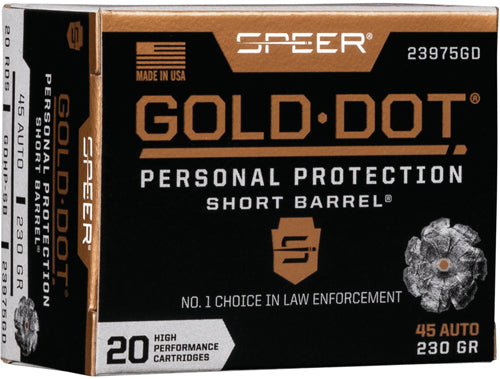 Speer .45 ACP/Auto Gold Dot Personal Protection Short Barrel Jacketed Hollow Point 230 Grain 20/Box [Item 2570]