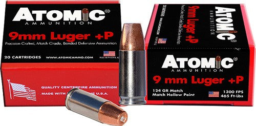 Atomic 9mm Luger / Parabellum Precision Craft +P Bonded Match Hollow Point 124 Grain 20/Box