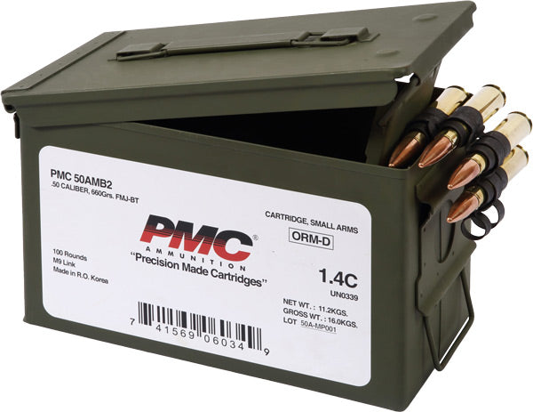 PMC .50 BMG Bronze Linked in Ammo Can Full Metal Jacket Boat Tail 660 Grain 100/Box