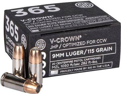 Sig Sauer 9mm Luger / Parabellum Elite Performance V-Crown Low Recoil 365 Jacketed Hollow Point 115 Grain 20/Box