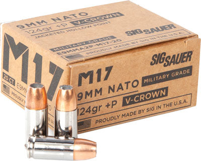Sig Sauer 9mm Luger / Parabellum Military Grade M17 V-Crown + P Jacketed Hollow Point 124 Grain 20/Box