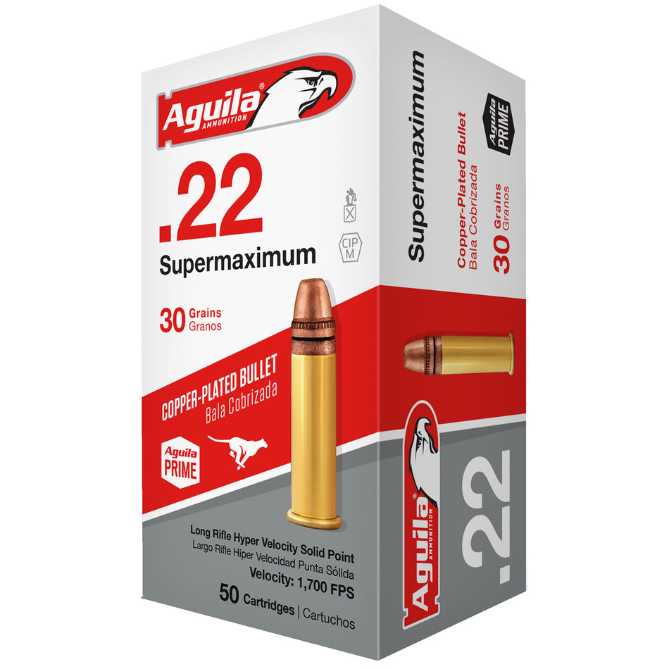 Aguila .22 Long Rifle Supermaximum Hyper Velocity Copper Plated Solid Point 30 Grain 1000/Box