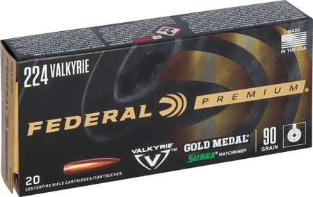 Federal .224 Valkyrie Premium Gold Medal Sierra MatchKing Boat Tail Hollow Point 90 Grain 20/Box