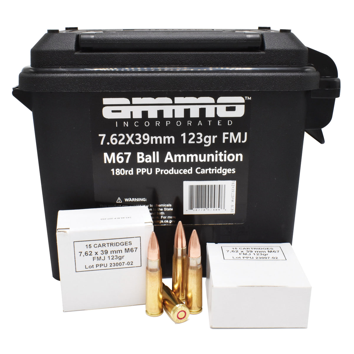 Ammo Inc 7.62x39mm M67 Ball Plastic Can Full Metal Jacket 123 Grain 180/Box