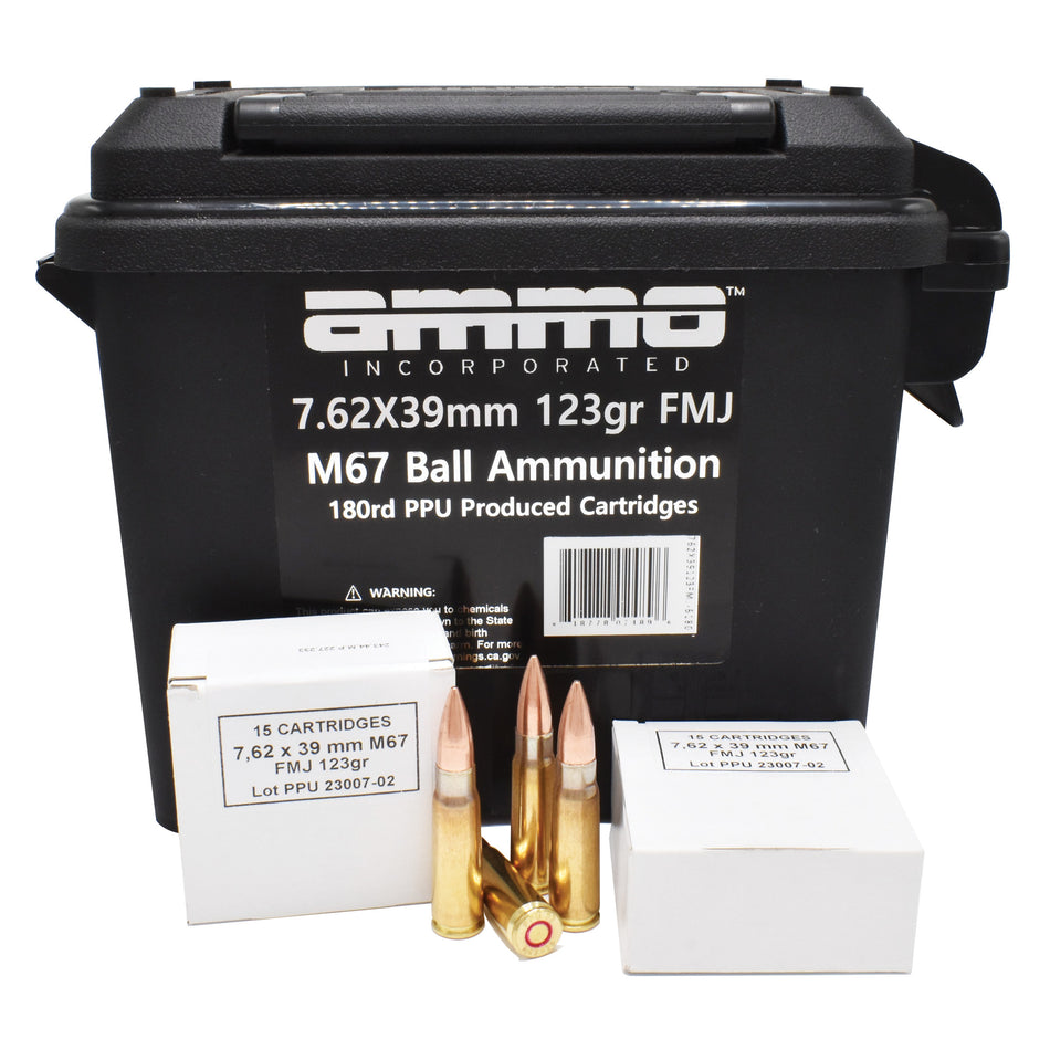 Ammo Inc 7.62x39mm M67 Ball Plastic Can Full Metal Jacket 123 Grain 180/Box