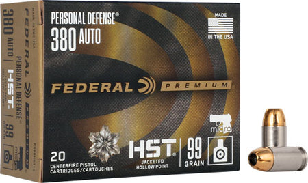 Federal .380 ACP/Auto Premium Defense HST Jacketed Hollow Point 99 Grain 20/Box
