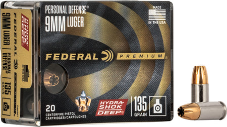 Federal 9mm Luger / Parabellum Premium Personal Defense Hydra-Shok Deep Jacketed Hollow Point 135 Grain 20/Box