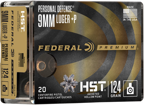 Federal 9mm Luger / Parabellum Premium Personal Defense HST +P Jacketed Hollow Point 124 Grain 20/Box