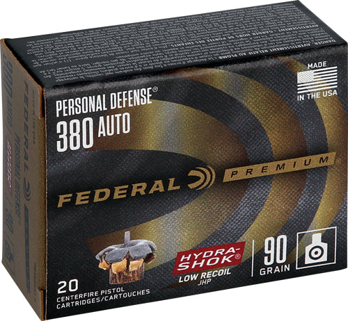 Federal .380 ACP/Auto Premium Personal Defense Low Recoil Hydra-Shok Jacketed Hollow Point 90 Grain 20/Box