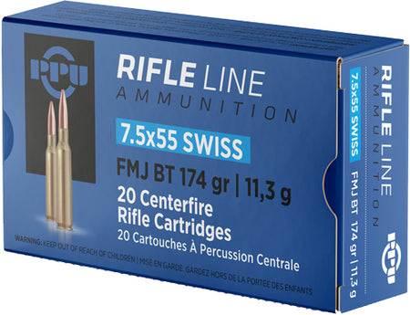 Prvi Partizan 7.5x55mm Swiss Metric Rifle Full Metal Jacket Boat Tail 174 Grain 20/Box