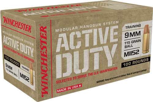 Winchester 9mm Luger / Parabellum Active Duty M1152 Full Metal Jacket Flat Nose 115 Grain 100/Box