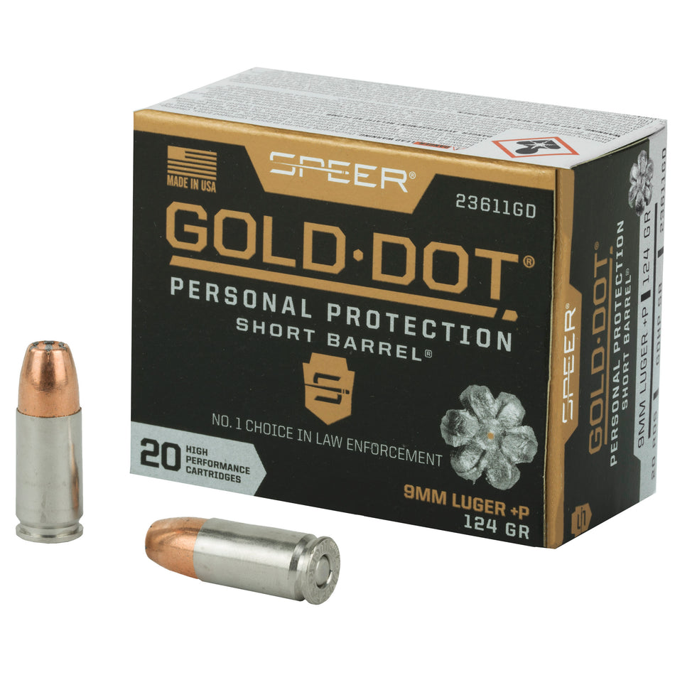 Speer 9mm Luger / Parabellum Gold Dot +P Personal Protection Short Barrel Jacketed Hollow Point 124 Grain 20/Box