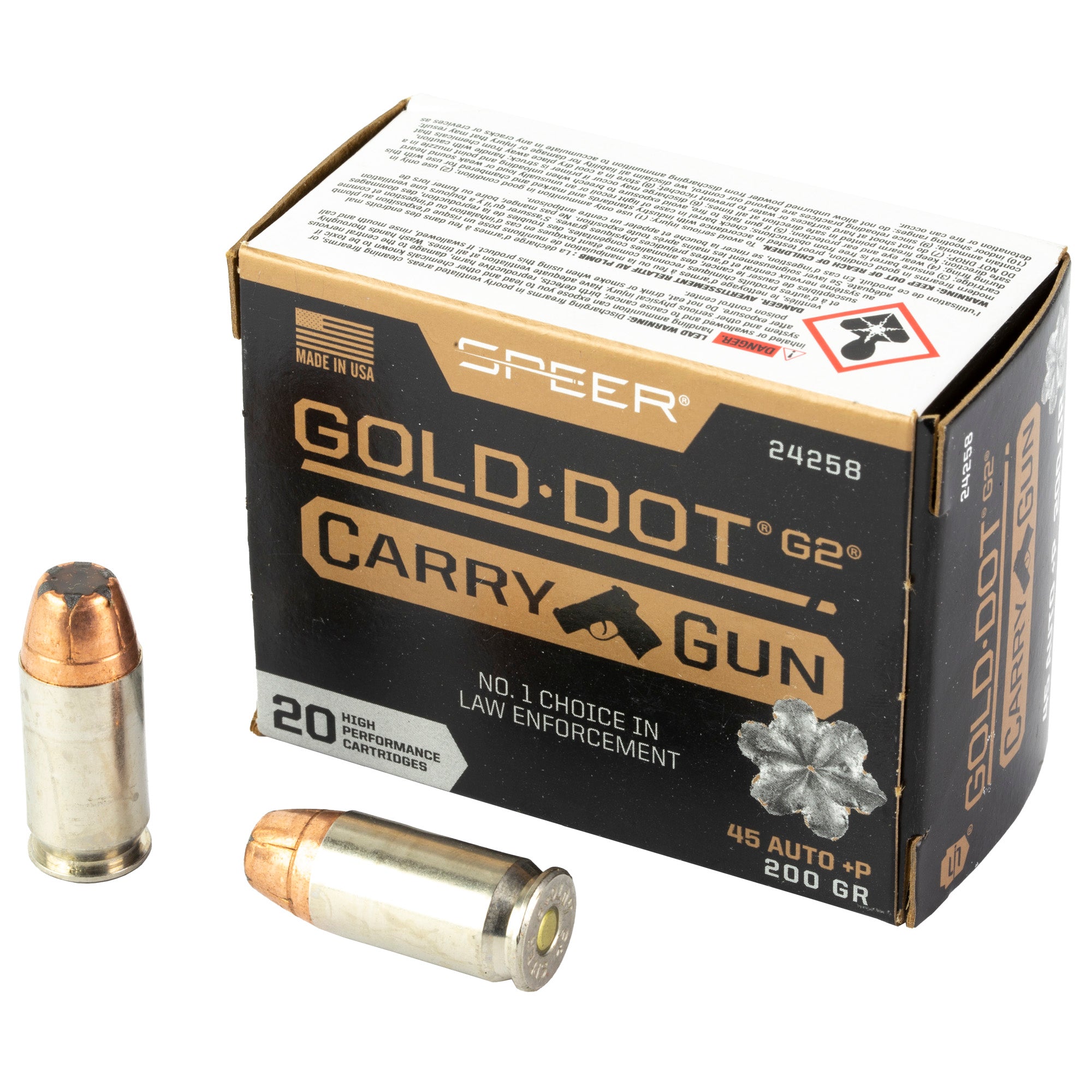 Speer .45 ACP/Auto Gold Dot Carry Gun G2 +P Jacketed Hollow Point 200 Grain 20/Box