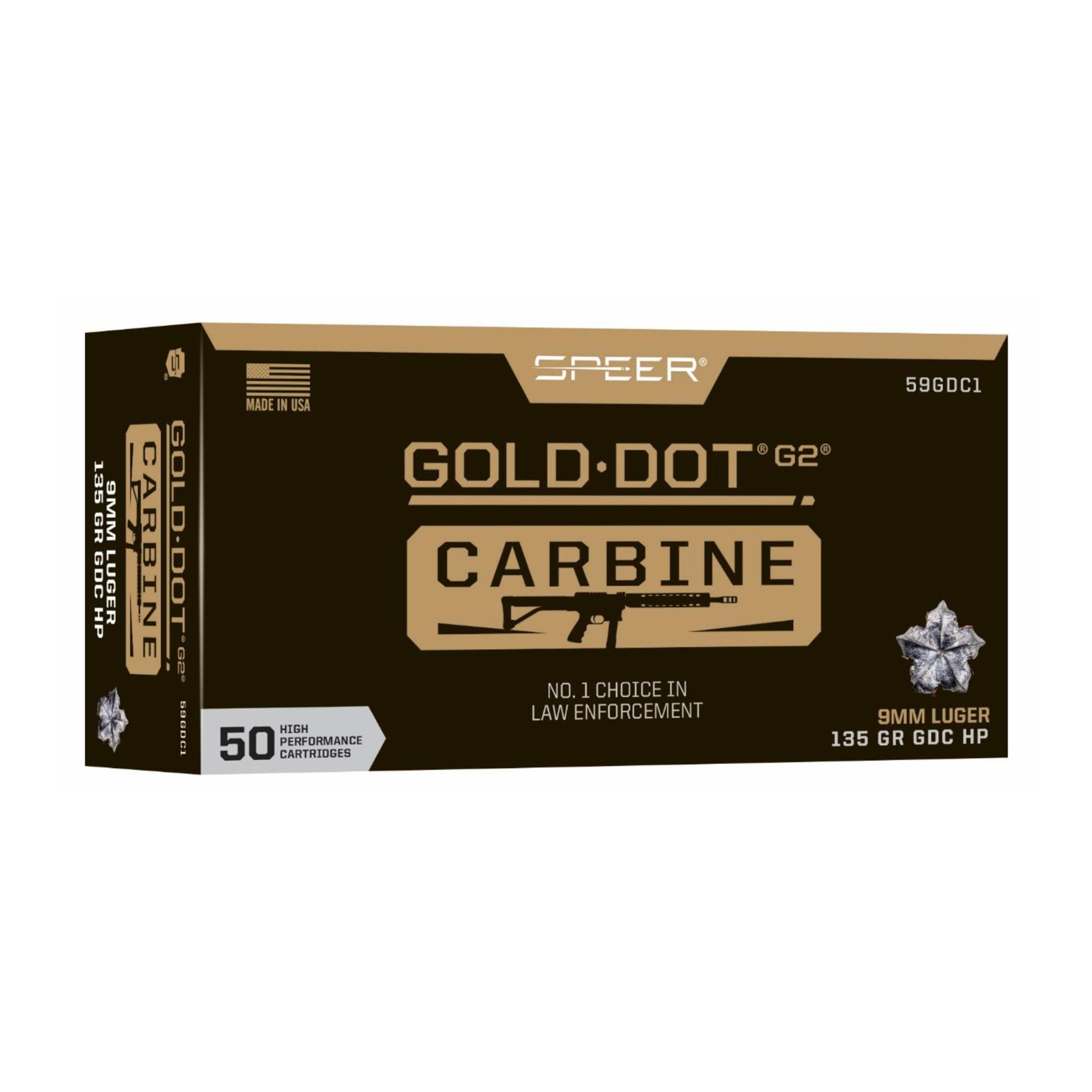 Speer 9mm Luger / Parabellum Gold Dot Carbine Jacketed Hollow Point 135 Grain 50/Box