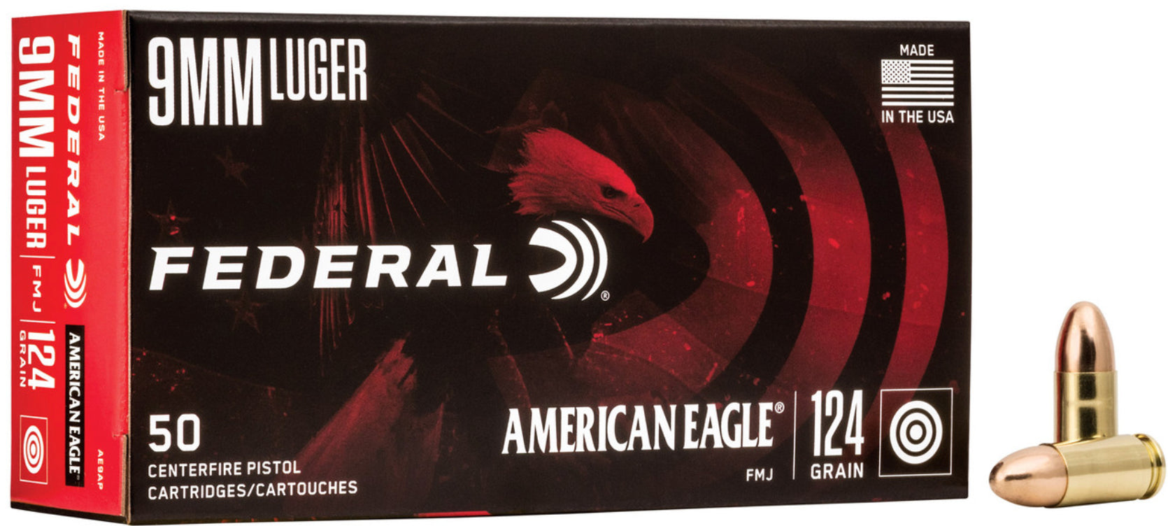 American Eagle AE9AP Full Metal Jacket 124 Grain 9mm 50 Per Box – 1000/Case