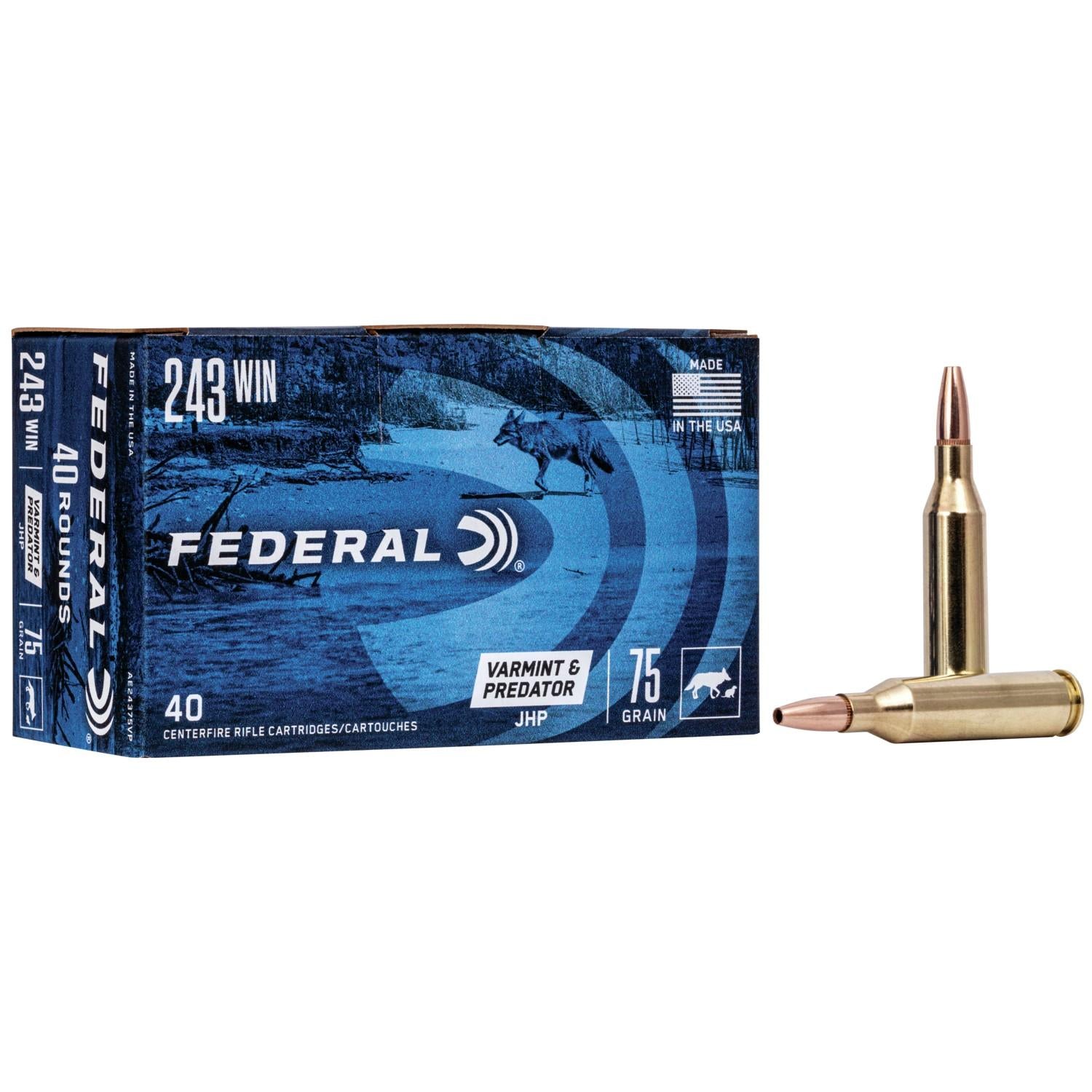 Federal .243 Winchester American Eagle Varmint & Predator Jacketed Hollow Point 75 Grain 40/Box