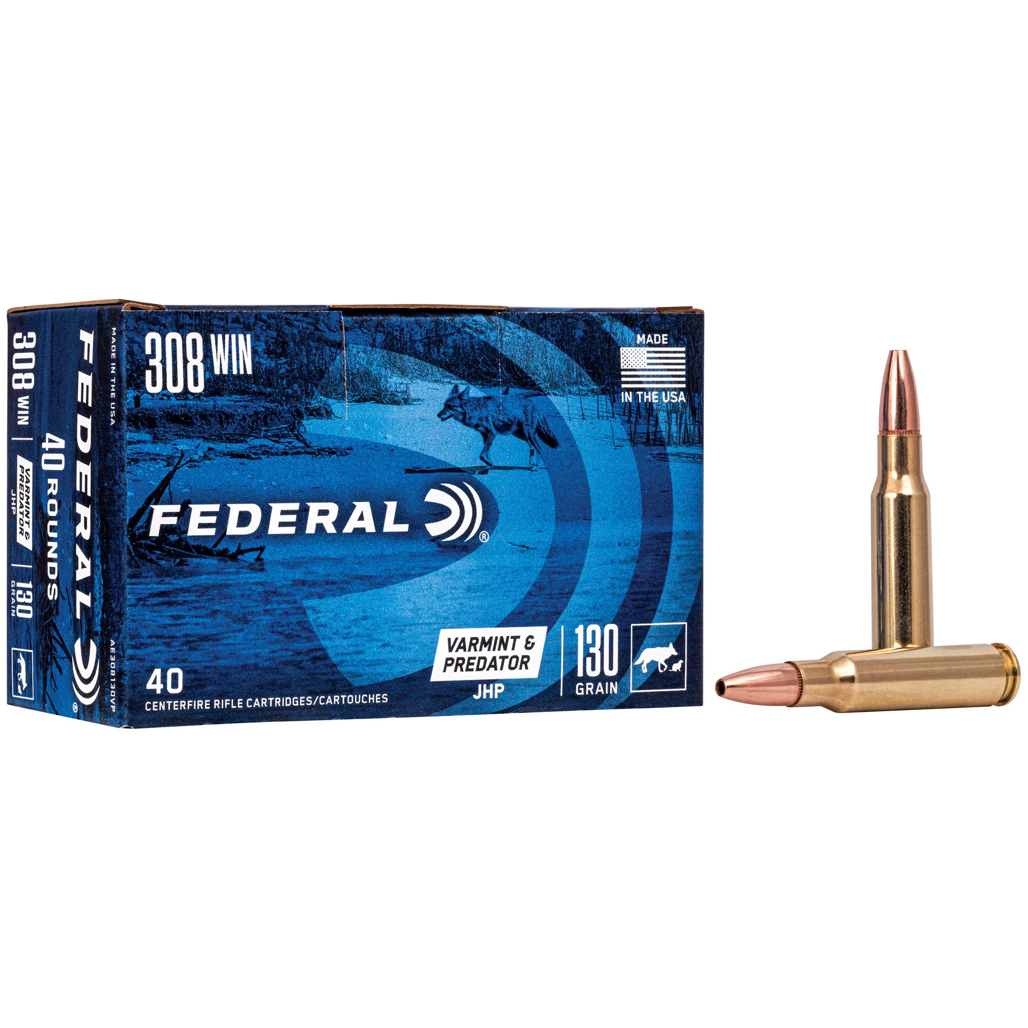 Federal .308 Win / 7.62x51mm American Eagle Varmint & Predator Jacketed Hollow Point 130 Grain 40/Box